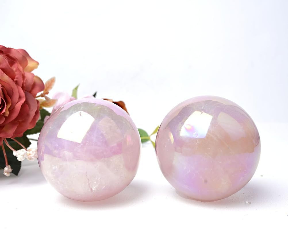 Titanium Coated Crystal Ball, Rose Quartz Crystal Sphere,Round Sphere Collection for Home Office Display Decorations,60~70mm