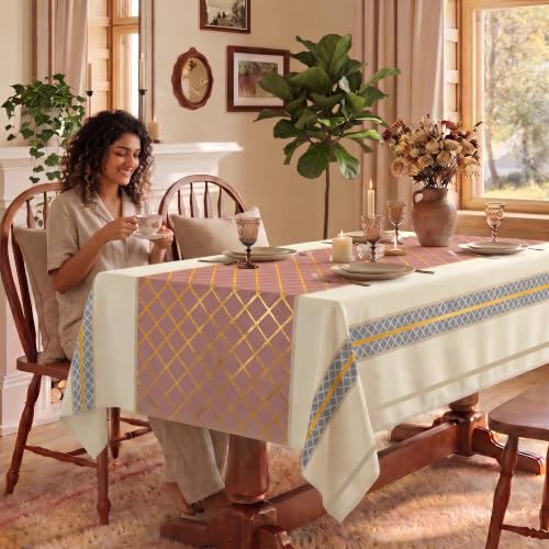 Image of Urban Space 100% Cotton Dining Table Cover for 6 Seater, Gold Foil Printed Cotton Table Cloth for Center Table, Dining Room Table Cover (Size 48 inch x 92 inch - 6 Seater, Zari jaal Dusty Pink Gold)