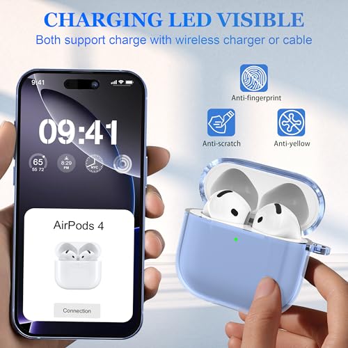 Image of for AirPods 4th Generation Case Cover 2024, Military-Grade Shockproof, Soft TPU Highly Transparent Anti-Yellowing for AirPods 4 Case with Cleaning Kit & Cute Round Buckle, Clear Blue