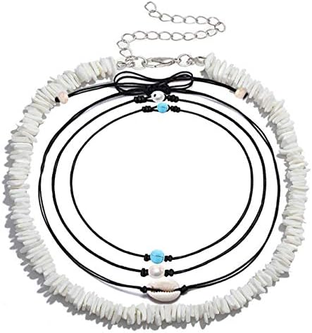 ATIMIGO Natural White Puka Chip Shell Necklace for Men Women,Adjuadtable Cowrie Seashell Pearl Turquoise Beads Hawaii Wakiki Beach Choker Necklace for Summer Vacation