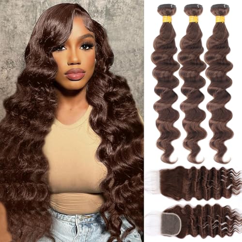 Brown Bundles with Closure Human Hair Loose Wave...