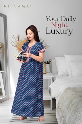 Image of NIHSAMAH Cotton Nighty for Women with Pocket, Premium Printed Long Nighty | Comfortable & Fancy Sleepwear /Nightwear
