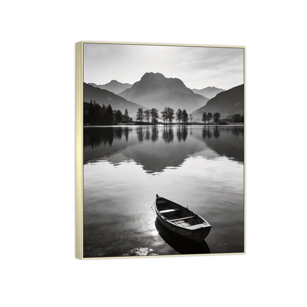 Lake Boat 5 Black White Landscape Canvas Picture 50x65cm Silver Frame