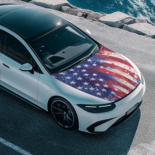 Image of Car Hood Cover 59x39 Inch Stretchable Wolf and American Flag Print Auto Hood Wraps Waterproof Auto Outdoor Decorations for Compact Sedans SUV Trucks Minivan