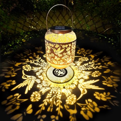 VEEKAY Solarlaterne für Außen,IP65 Wasserdicht Metall Solarlampen,Hängend Solar Gartenleuchten,LED Warmweiß Solar Laterne,Vintage Metall LED Kolibri Gartenleuchte für Garten,Balkon (Blumenkolibri)