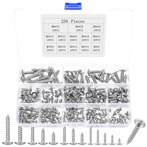 230 Pcs Self Tapping Screws Metal M3 M4 M5 M6 Stainless Steel Wood Screws Assortment Phillips Large Flat Dome Round Head Screw Set for Wood Sheet Metal Plastic
