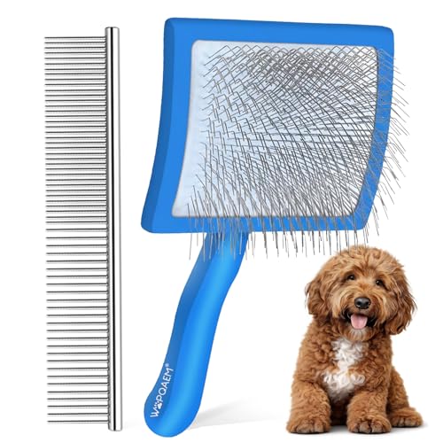 Image of Wooden Long Pin Slicker Brush for Large Dogs, Doodles, Poodles, Long Hair | Grooming, Detangling, and Fluffing for Wavy and Curly Hair-Designed for Heavy, Thick Coats to Prevent Matting at Home