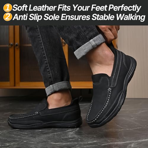 Image of Hand Free Casual Shoes for Men - Leather Slip-On Loafers with Elastic Heel & Latex Footbed - Lightweight EVA Walking Shoes