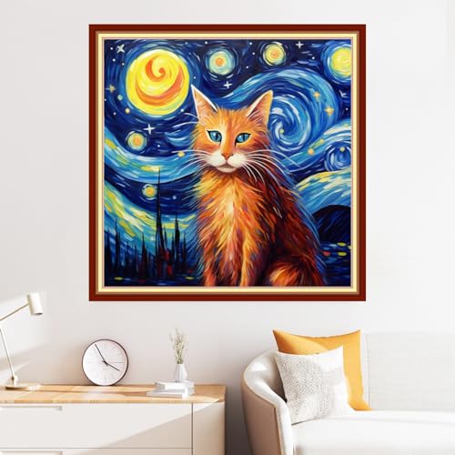 Image of Disxvivy Cross Stitch Stamped Full Embroidery Kits DIY 11CT Cotton Thread Printed DIY Needlepoint Kits Craft Needlework Set Cross-Stitch Stamped Sets-Cat Starry Sky 18x18 inch