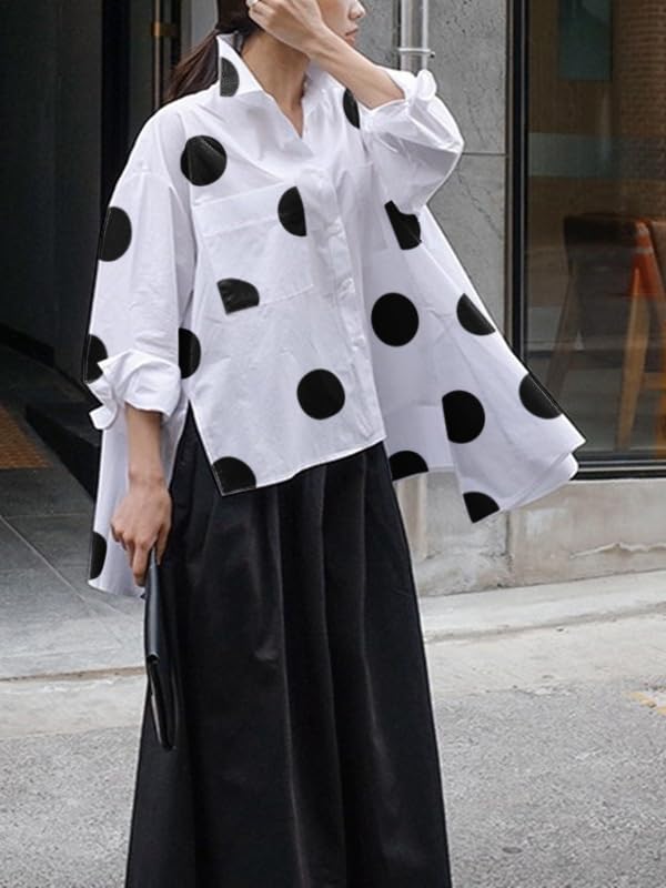 oshoplive Women's 2025 Loose Flowy Blouse Tops Polka Dot Long Sleeve Button Down Side Slit High Low Hem Tunic Shirt2