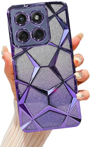 Image of VONZEE Gradient Glitter Case for Moto Edge 60 Fusion, Luxury Electroplated 3D Cube, Diamond Bling Shiny Soft TPU Clear Shockproof Protective Phone Cover for Girls Women (Deep Purple)