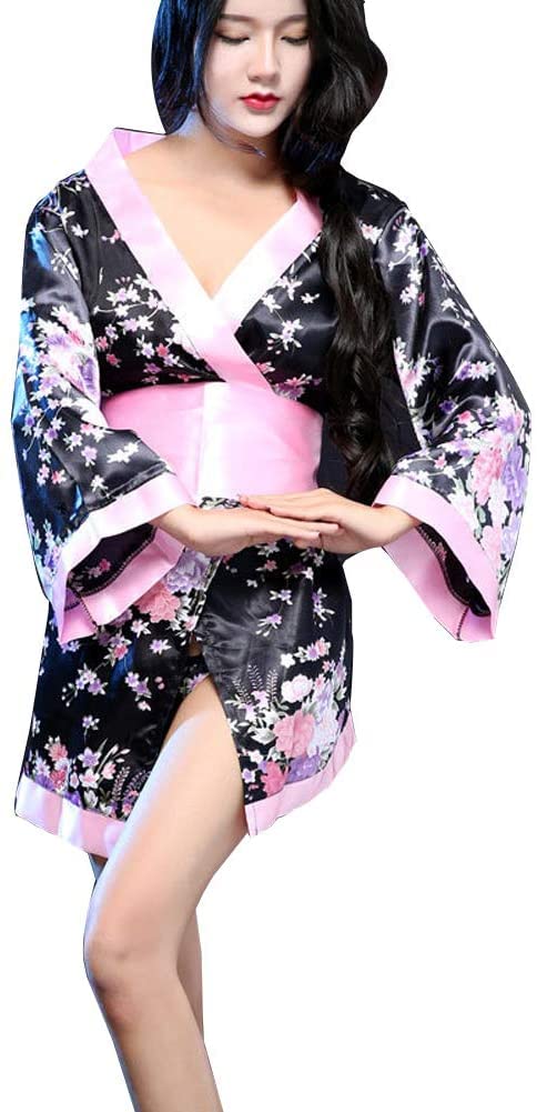 Hnybd Women's Black Pink Japanese Kimono Sexy Traditional Robe Lingerie Yukata Costumes Pajamas (Black Pink)