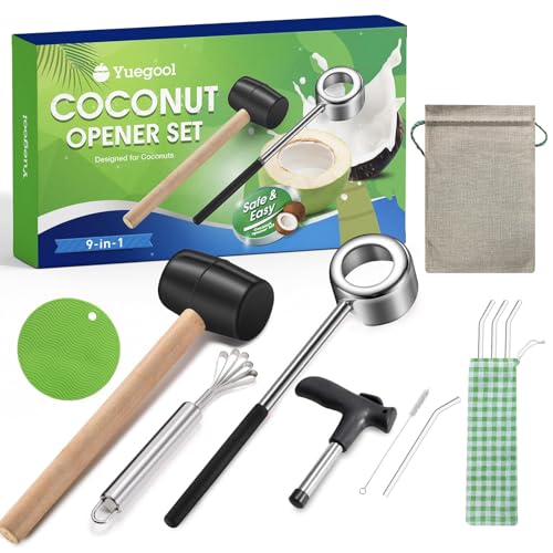 yuegool Coconut Opener Tool Set for Young & Mature Coconuts,9 IN 1 Coconut Opener Kit Include Rubber...