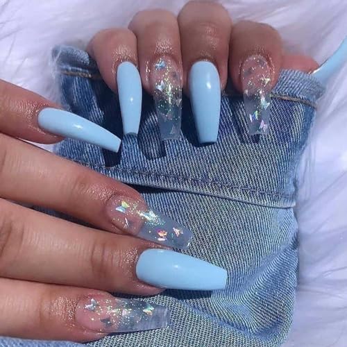 Handcess Coffin Bailarina Uñas Postizas Azules Brillantes Largas Mariposa Arte Acrílico para Mujeres y Niñas (24 Piezas)