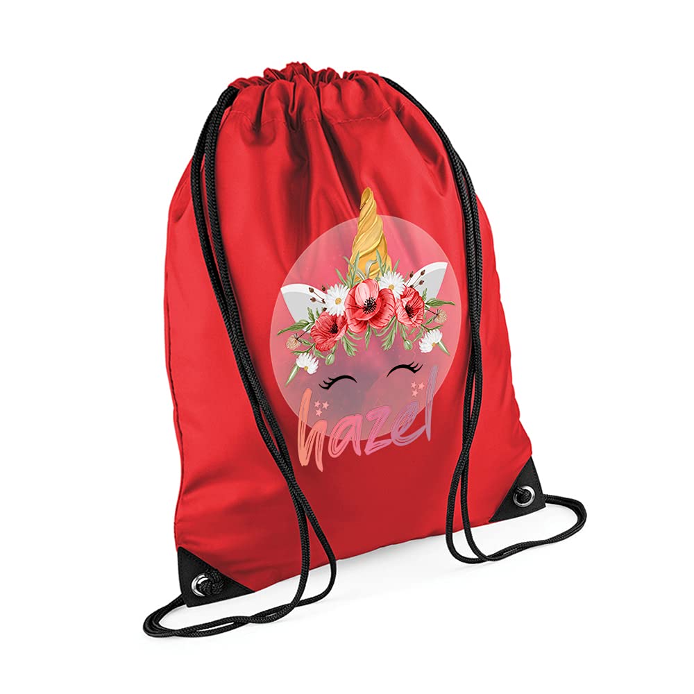 Personalised Unicorn Magicaly Stars Crown Castle Floral Girl ANY NAME Kids Birthda Back To School Drawstring Bag, PE Gym Kit, Swimming Rucksack. (Bright Red)