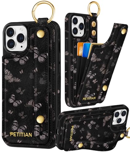 Petitian for iPhone 11 Pro Wallet Case for Women, Black Butterfly - image 1