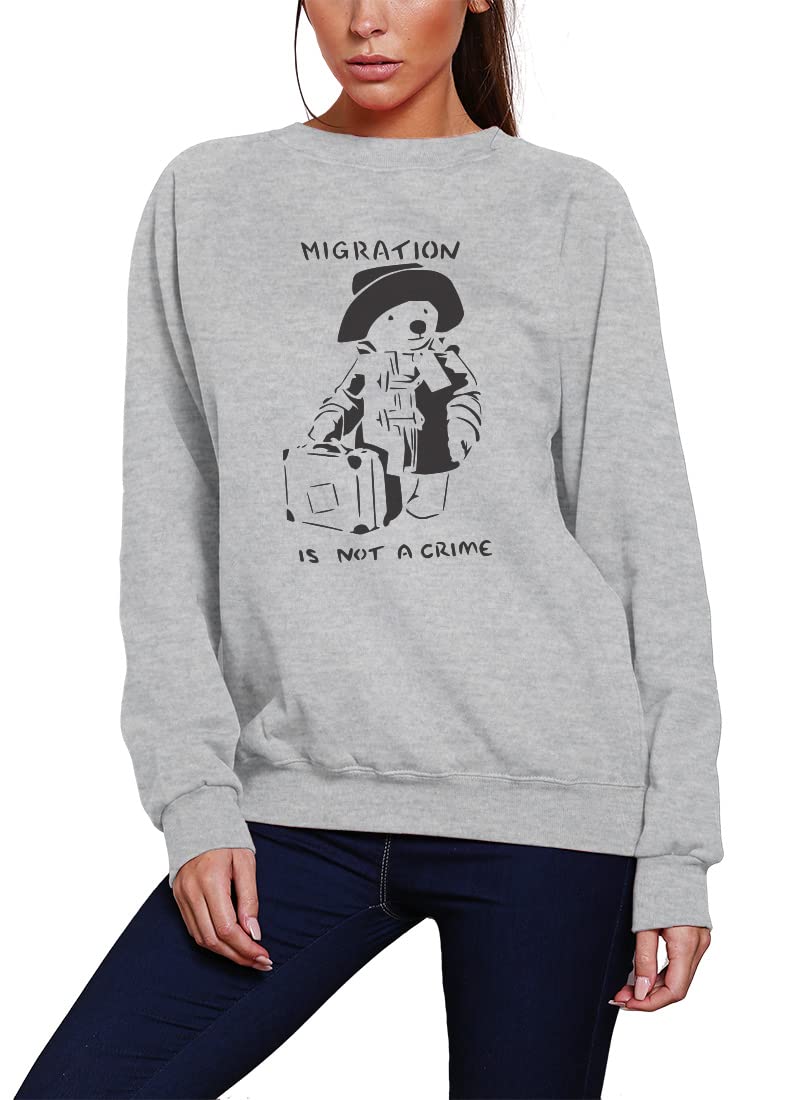 Hotscamp Women's Heather Grey Migration Is Not A Crime Banksy Sweatshirt - Medium