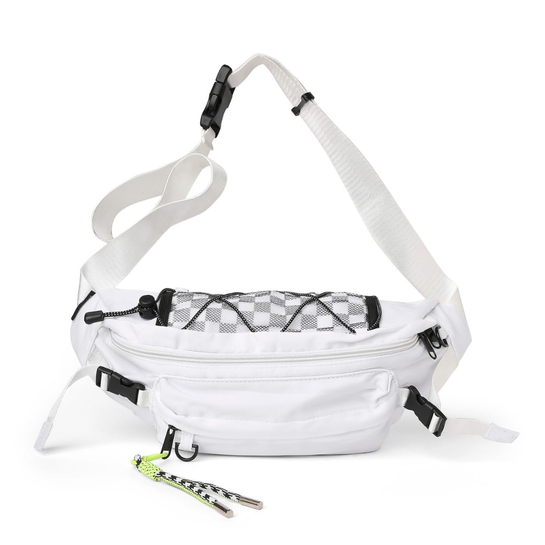 CheckerMate Waist Bag for Men Women | Cross Body Fanny Pack Sling Bag for Hiking, Travel, Camping, Outdoor Sports, Cycling | Money Belt with Adjustable Strap (White)