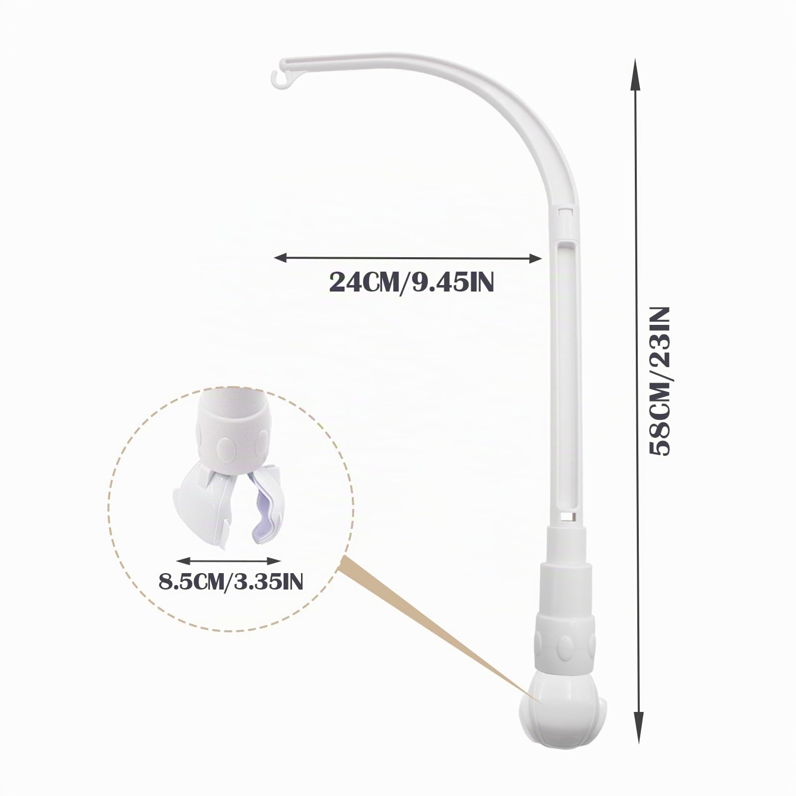 Support mobile pour lit d'enfant 58 cm Support amovible réglable pour crèche suspendue/jouet mobile Blanc