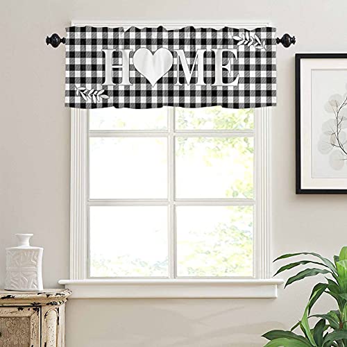 Buffalo Plaid Windows Valances Curtain White Black Buffalo Check Plaid Kitchen Valances Rod Pocket Home With Love Heart Window Treatment Short Topper Curtains For Kitchen Bathroom Living Room,54X18 In #TOP2