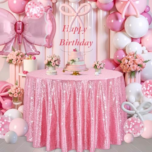 Image of B-COOL Sequin Tablecloth Round Party Decorations: 90 Inch Tablecloth Sequin Overlay Glitter Fabric for Indoor and Outdoor Gathering Parties Fuchsia Pink