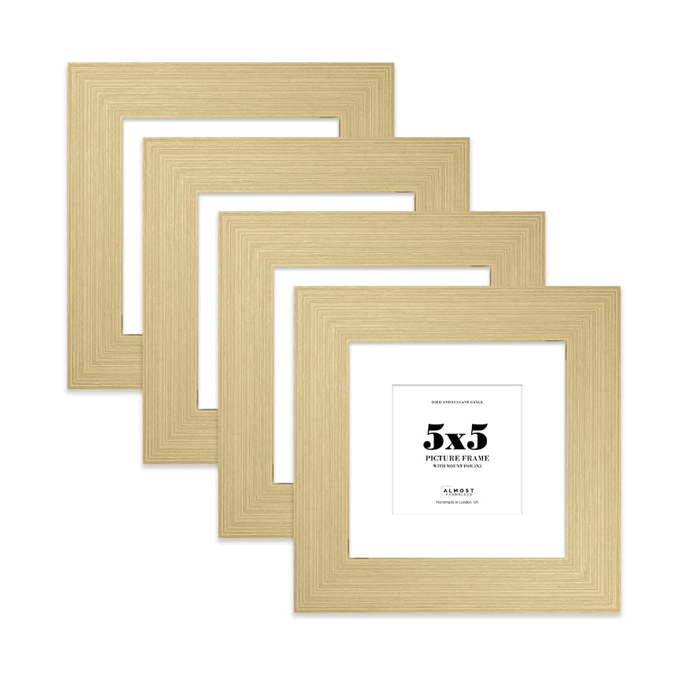 5x5" Gold Square Frame With Mount for 3x3" Pictures 28mm Edge Frame Display with Wall Hooks and Kickstand, 4 Pack