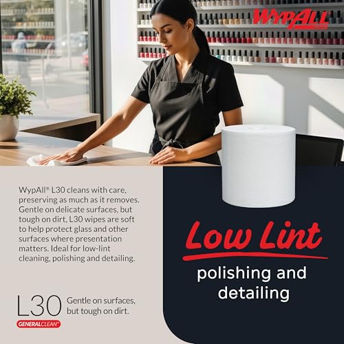 Image of WypAll GeneralClean L30 Cloths Heavy Duty Cleaning Wipes (05820), Center-Pull, Strong and Soft Bulk Paper Wipers, White (300 Sheets /Roll, 2 Rolls, 600 Sheet Total)