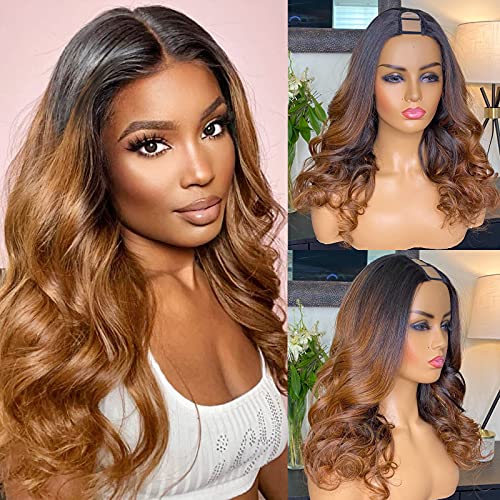 Ombre u Part Wig Human Hair Body Wave 1B/30 Colored 10A Brazilian Remy Human Hair Glueless U Shape Wig for Black Women 150% Density Ombre Brown 18 inch
