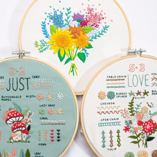 Image of LX LERMX Embroidery Kit for Beginners Adults, 34 Stitch Techniques with Floral Patterns, Complete DIY Kit with Stamped Patterns, Hoop, Colorful Threads, Tools (Pattern 2)