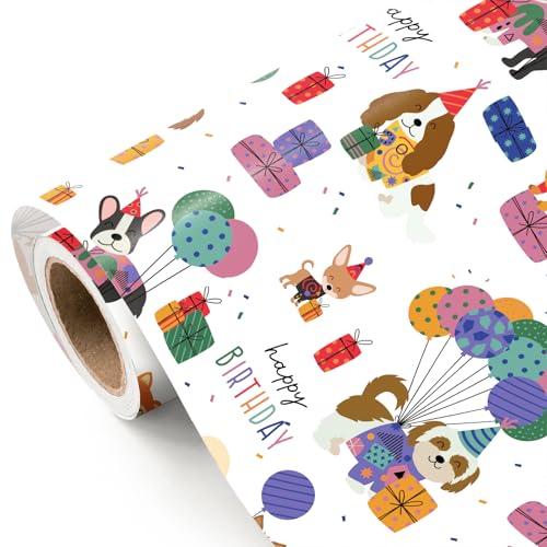 WRAPAHOLIC Dog Birthday Wrapping Paper Roll - Mini Roll - 17 Inch x 9.8 Feet - White Birthday Puppy Dog Wrapping Paper Perfect for Kids Boys Girls Dogs Lover