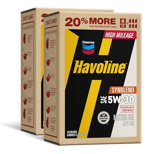 Image of Havoline Motor Oil 5w30 High Mileage Synthetic Technology Smart Change Engine Oil, 5W-30, 6 Quarts, Pack of 2