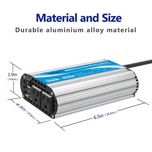 Pure Sine Wave Power Inverter 300Watt Car Adapter Converts 12V DC to 120V AC with 4.8A Dual USB and 2 AC Outlets for Tablets Laptops Smartphones CPAP