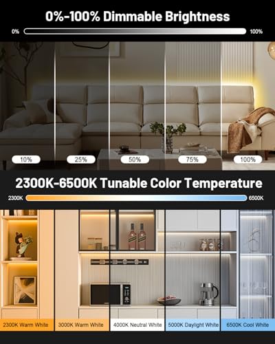 Image of COB LED Strip Lights 32.8ft, Dimmable White CCT Tunable 2300K-6500K, DC 24V High Lumen Cuttable LED Tape Light, 6080 LED 48W CRI 90, APP Remote Control, Music Mode, For Home DIY, Living Room, Bedroom