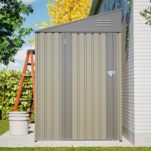 Image of YOPTO 4x7 FT Outdoor Storage Shed Lean to Shed,Metal Shed W /Lockable Door & Air Vent,All Weather Waterproof Garden Tool House W /Reversible Installation,for Backyard,Patio,Lawn,Olive Gray