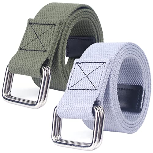 Men Women Canvas Web Belt with Double D-ring, Durable Adjustable Casual Extra Long, 2 Pack