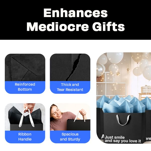 MilkToast Brands Funny Gift Bags, 16" x 6" x 12" Size, 5-Pack Set with Assorted Sarcastic Phrases, Large Black Kraft Paper Bags for White Elephant Gifts, Christmas, Holidays, Office Parties, Birthdays, Father's Day