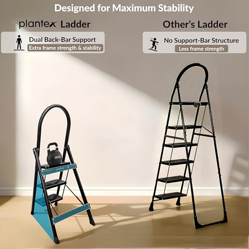Image of Plantex Ladder for Home 3 Steps /Foldable Ladder with Anti-Skid Wide Steps (30L x 20W cm) /Strong D-Shape Pipe with X-Support for More Stability /5 Year Warranty(Apex-Black)