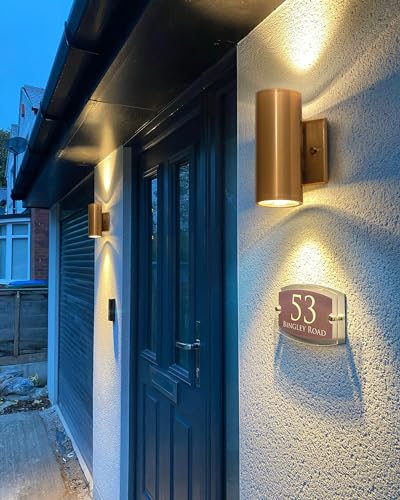 Image of Up and Down Lights Outdoor, Modern Gold LED Outdoor Wall Lights Fixture in 2 Lights, 7 inch Cylinder Exterior Light Fixture Wall Mount for Porch Patio Garage House Entryway