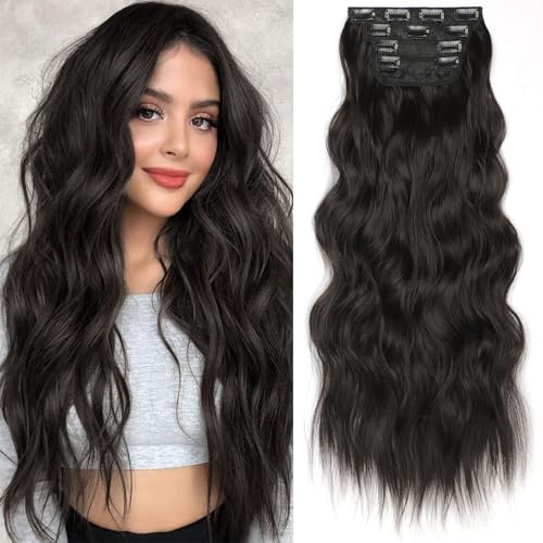 Image of Wavy Thick Clip in Hair Extensions 24 inch Medium Brown | 4 Pieces Clip in Extensions,Fiber Double Weft Hairpieces,Natural Volume,Beach Wave Synthetic Hairpiece for Women