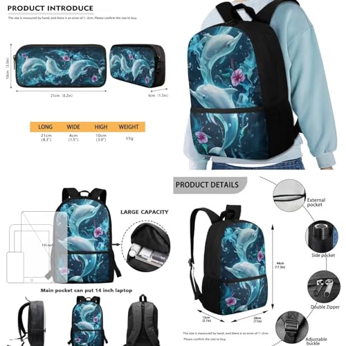 Dolphin Printed Backpack and Lunch Box Set for Kids, Hibiscus Printed Backpack and Pencil Case Set for Primary Middle, 17 Inch Lightweight Knapsack for Travel Picnic3