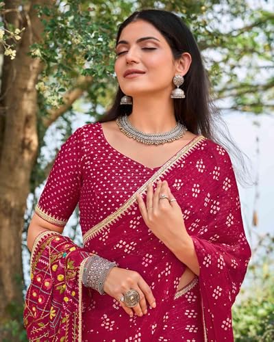 Image of Laxmipati Pasandida Pink Chiffon Bandhani Embroidered Saree