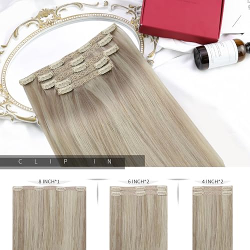 Moresoo Human Hair Extensions Clip in Real Hair Ash Blonde with Bleached Blonde Clip in Hair Extensions Remy Human Mid-length Hair Layered Add Volume 14 Inch 5pcs/80g #P18/613 - Image 3