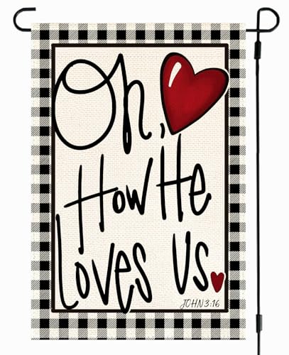 RABUSOFA Valentines Day Garden Flag 12x18 Inch Outside Double Sided Oh How He Loves Us Buffalo Plaid Rustic Yard Outdoor Decoration Black