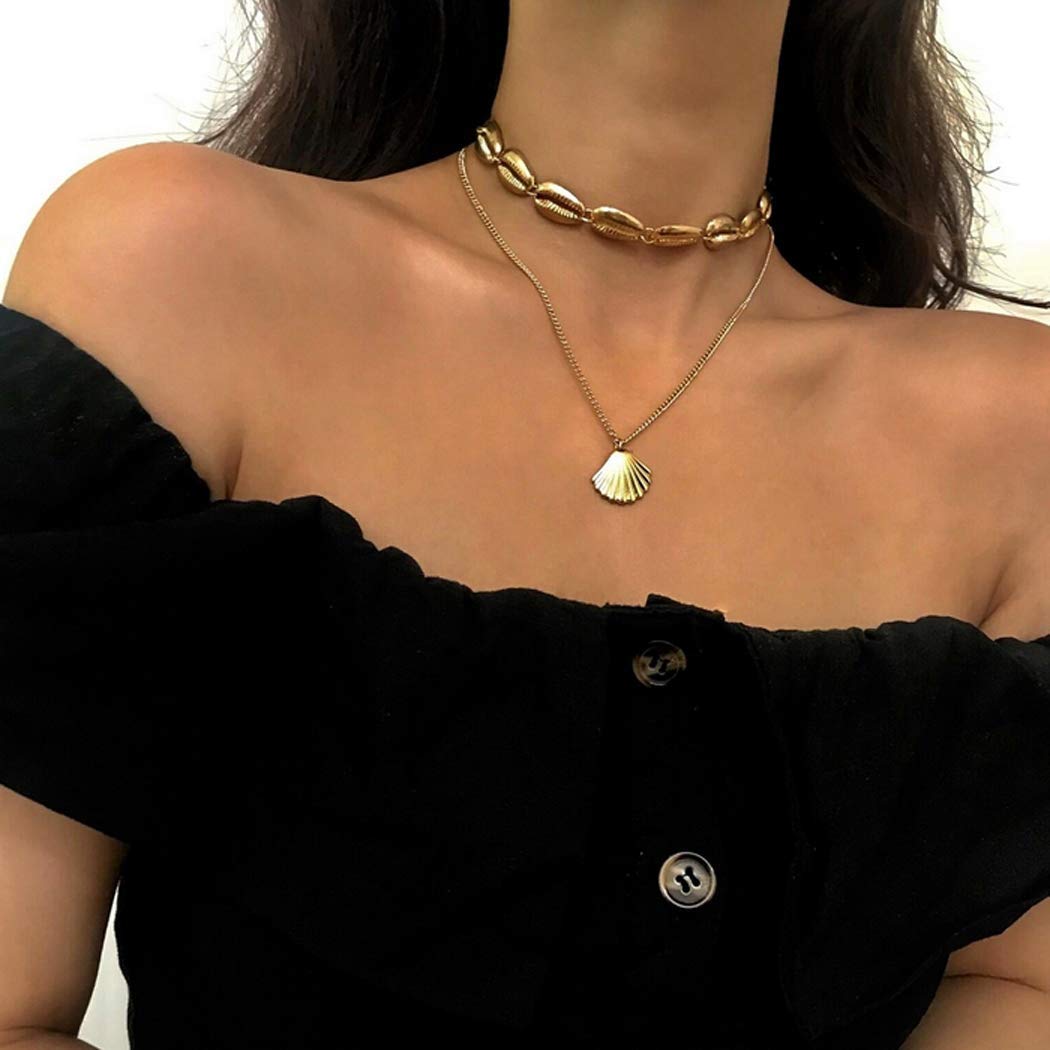 Asooll Bohemian Shell Choker Necklace Gold Beach Sea Shell Choker