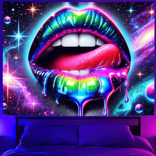 Image of BlissYard Blacklight Tapestry UV Reactive Tapestry Wall Hanging 78x59 Inches Cosmic Rainbow Lips Wall Hanging, Fluorescent Art Decoration for Bedroom, Living Room, and Parties