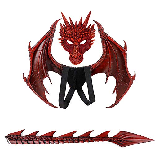 Ho.Volta Children's Dragon Wing Costume Dinosaur Tail Mask Set Cosplay Kids Halloween Dragon Costume (Red Set)