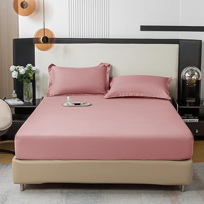 100% Pure Cotton Fitted Sheet Set with 2 Pillowcases - Breathable, Cooling & Wrinkle Free Deep Pocket Bottom Sheet, Fully Elasticized for King, Queen or Twin Size Beds(Pink,55"x79"(140x200cm))
