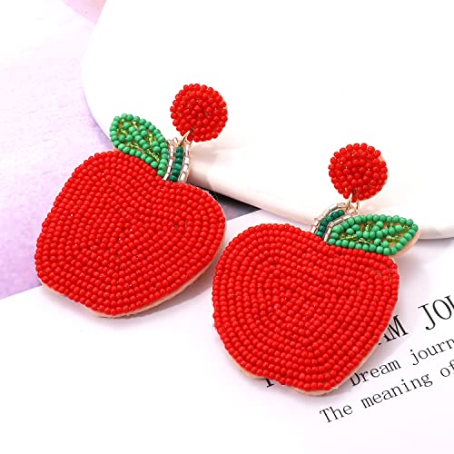 Beaded Earrings HandmadeTeacher Apple Bead Dangling Earrings Funny Fruit Drop Dangle Earrings for Women Teacher’s Day Appreciation Back to School Jewelry Gifts4