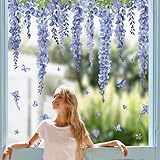 Whaline 9 Sheets Summer Blue Purple Floral Window Cling Stickers Hanging Wisteria Flower Vine Window Decals Watercolor Reusable Anti-Collision Glass Doors Stickers for Summer Party Home Classroom