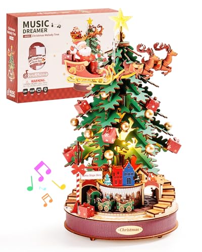 ROBOTIME 3D Puzzles for Adults Wooden Music Box with LED DIY Model Christmas Tree Building Kit for Kids Hobby Crafts Unique Home Decor